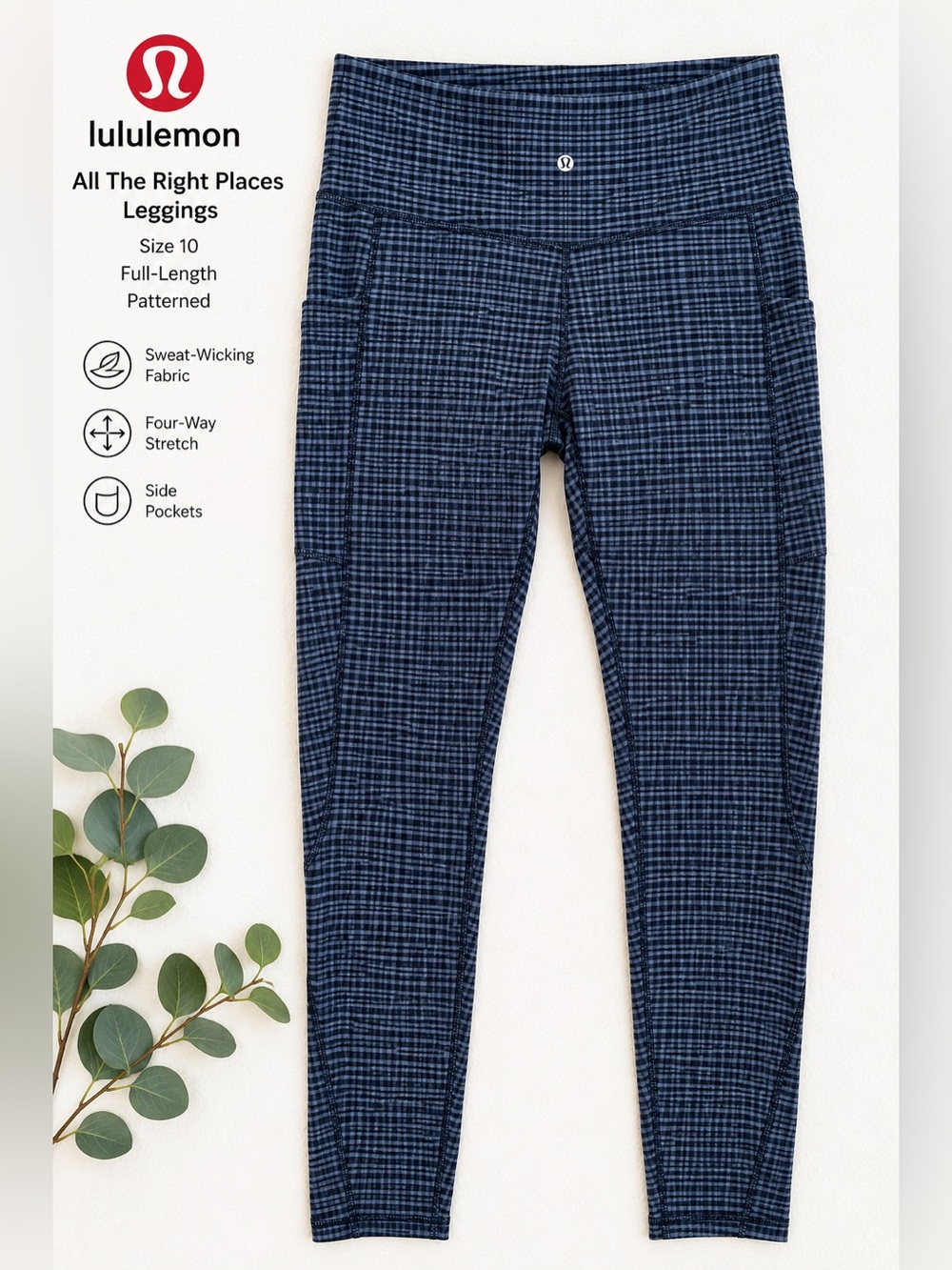 Lululemon All The Right Places Leggings | Size 10 | Blue Gray Plaid